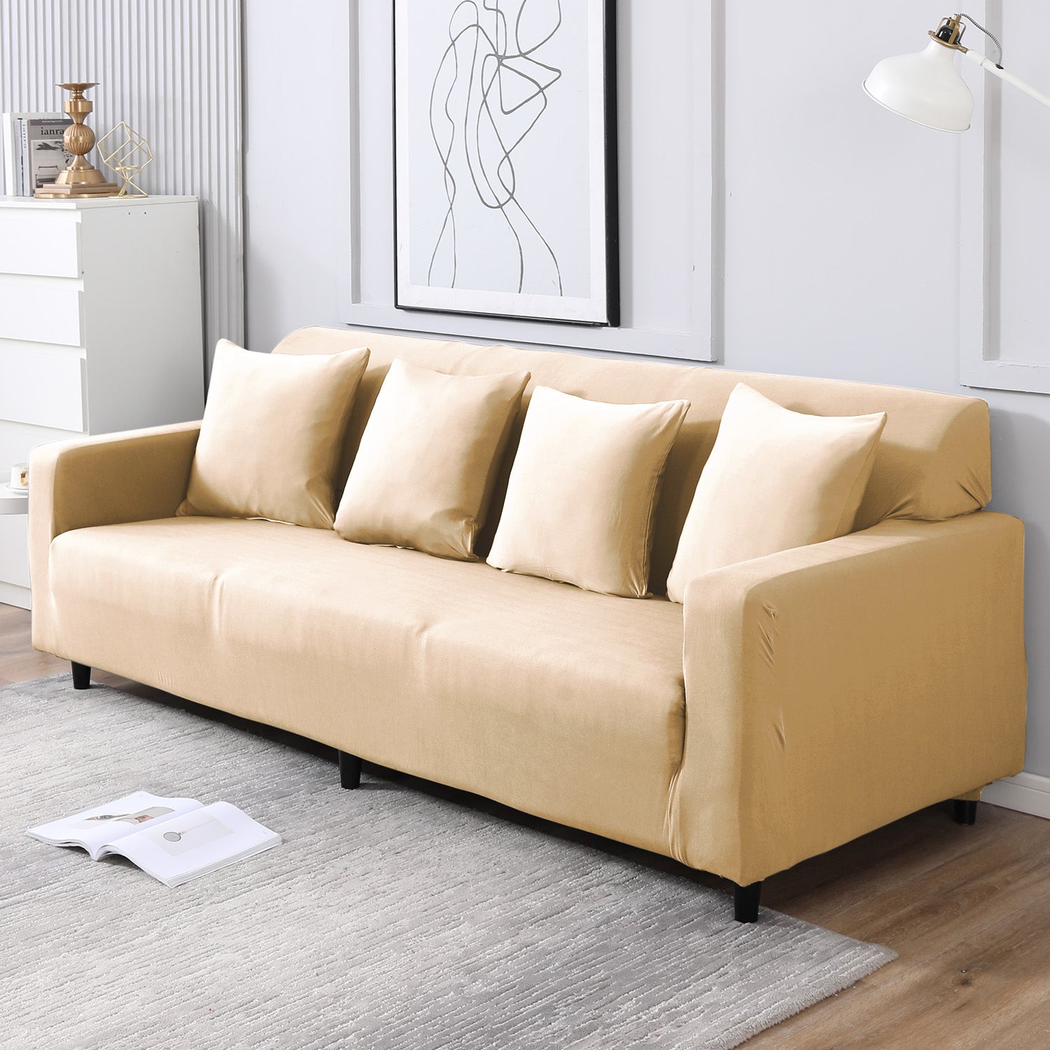 Plain beige non slip elastic 4 seater sofa cover