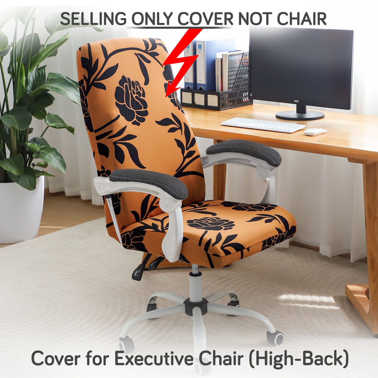 Printed Office Chair Cover for Executive Chair (High-Back) – 140 GSM Stretchable Fabric – Washable & Anti-Slip – Fits Big & Tall Office Chairs, Copper Brown Floral