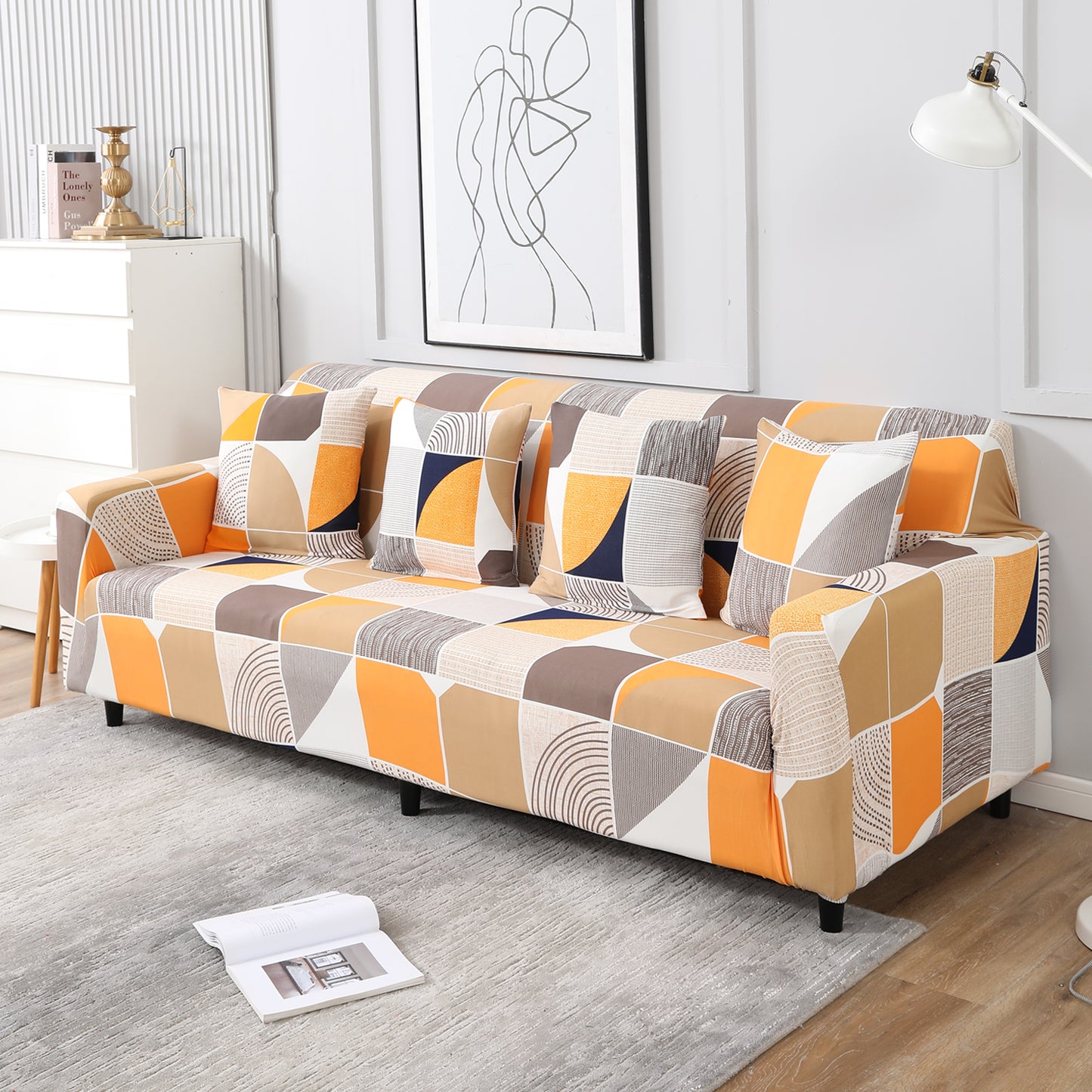 Square Abstract, non slip, Stretchable 4 seater sofa covers