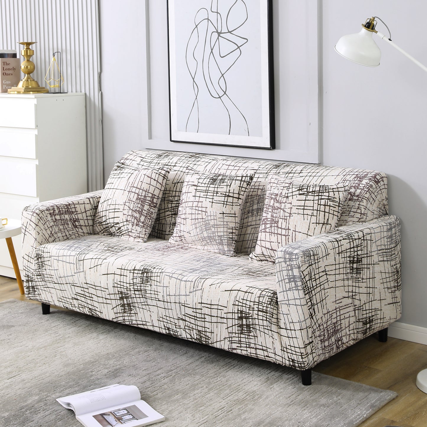 Beige Brown Lines stretchable 3 seater sofa covers