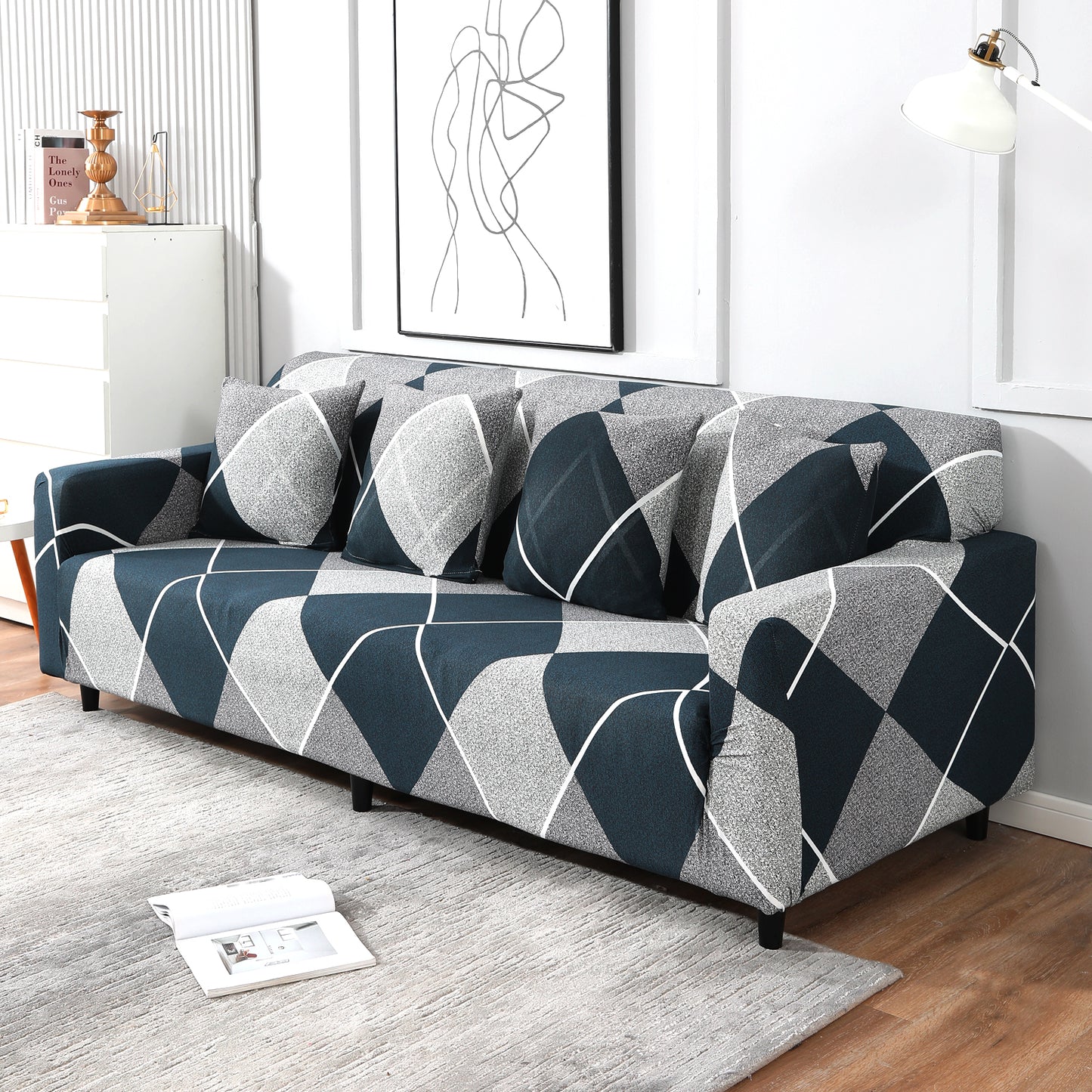 Blue Rhombus Printed non slip, elastic 4 seater sofa covers