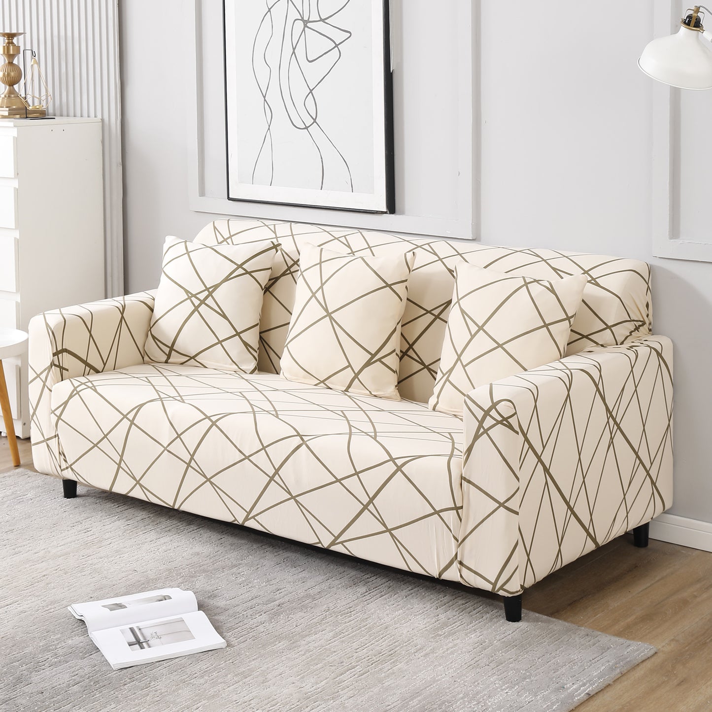 Beige Abstarct Lines Print modern elastic 3 seater sofa covers