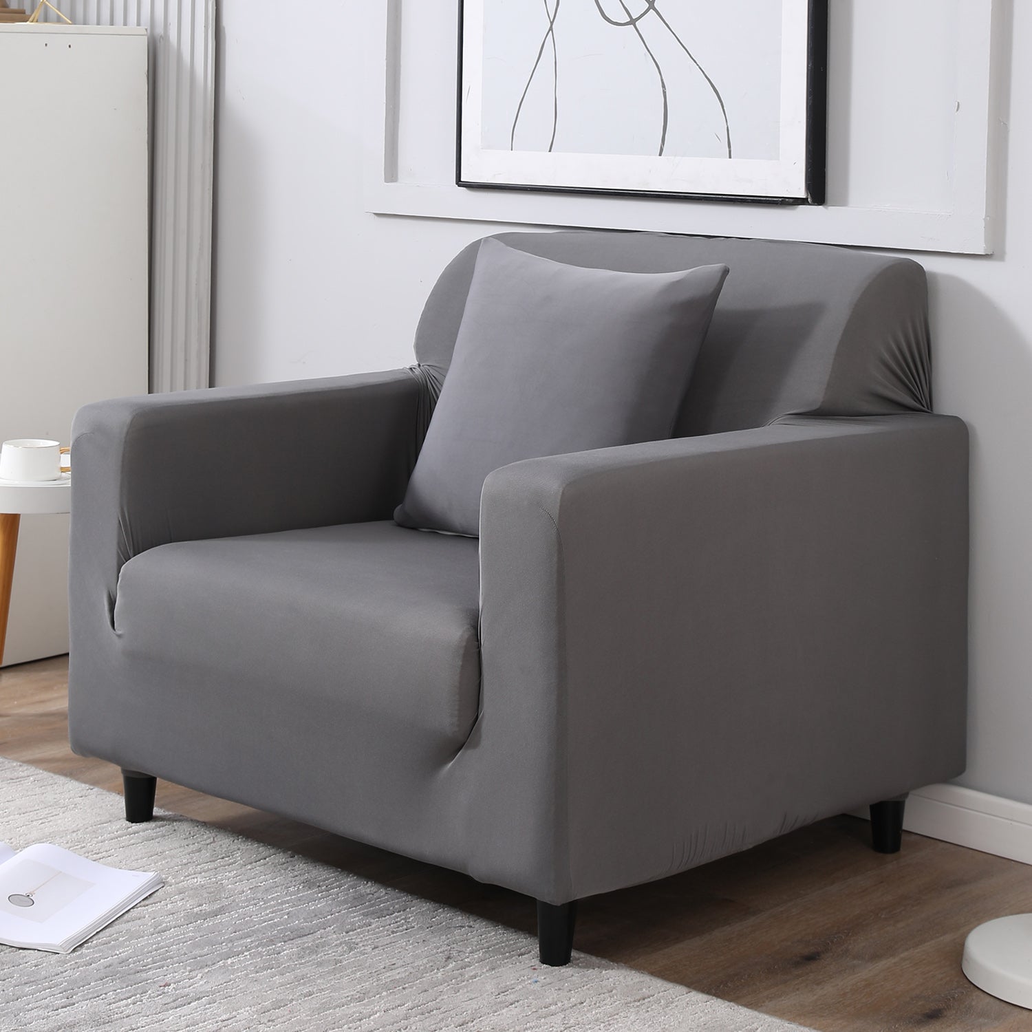 Plain grey colour elastic single sofa cover