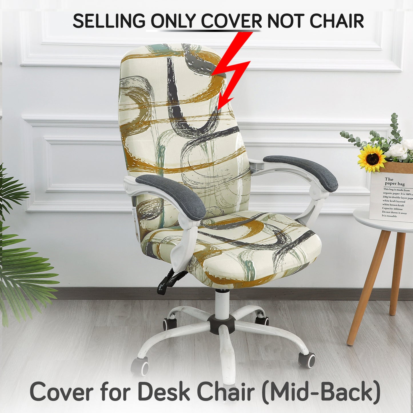 Printed Office Chair Cover for Desk Chair (Mid-Back) – 140 GSM Stretch Fabric – Durable & Anti-Slip – Fits Mid-Back Office Chairs, Parchement Beige Abstract Art - Medium
