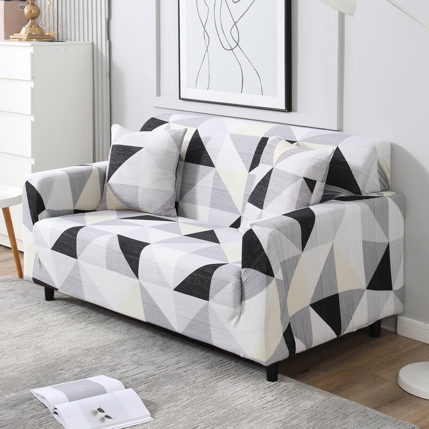 Elastic Stretchable Printed Sofa Cover, Black Grey Geometric
