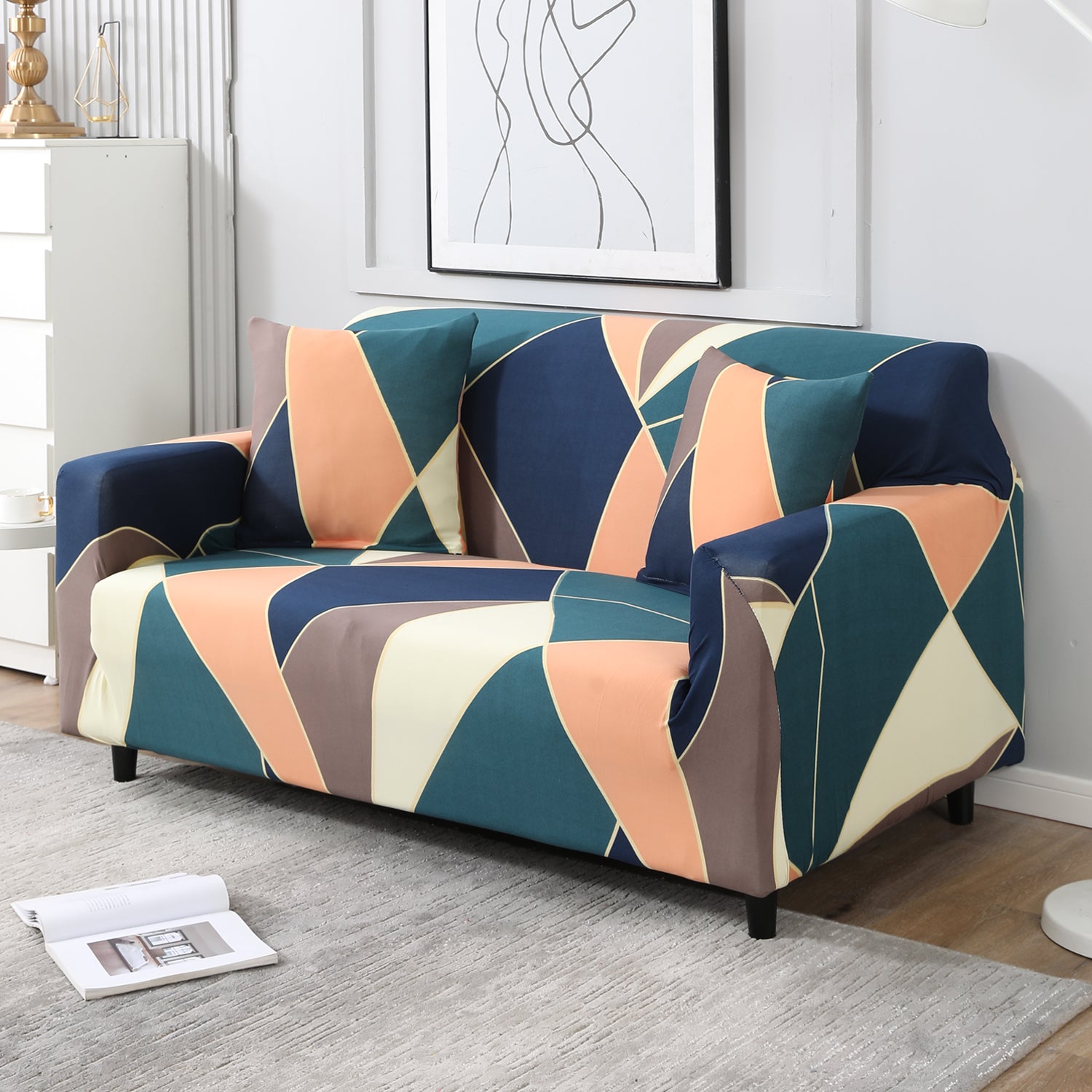 Green Peach Abstract Printed non slip elastic 2 seater sofa cover
