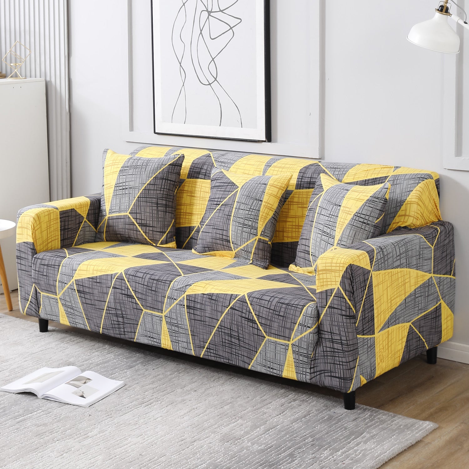 Abstract Grey Printed non slip elastic 3 seater sofa cover