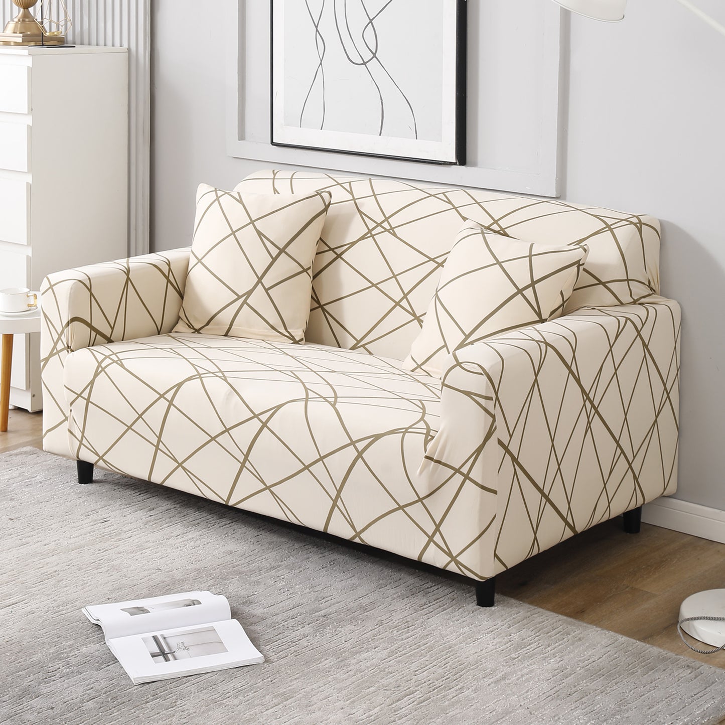 Beige Abstarct Lines Print non slip elastic 2 seater sofa cover