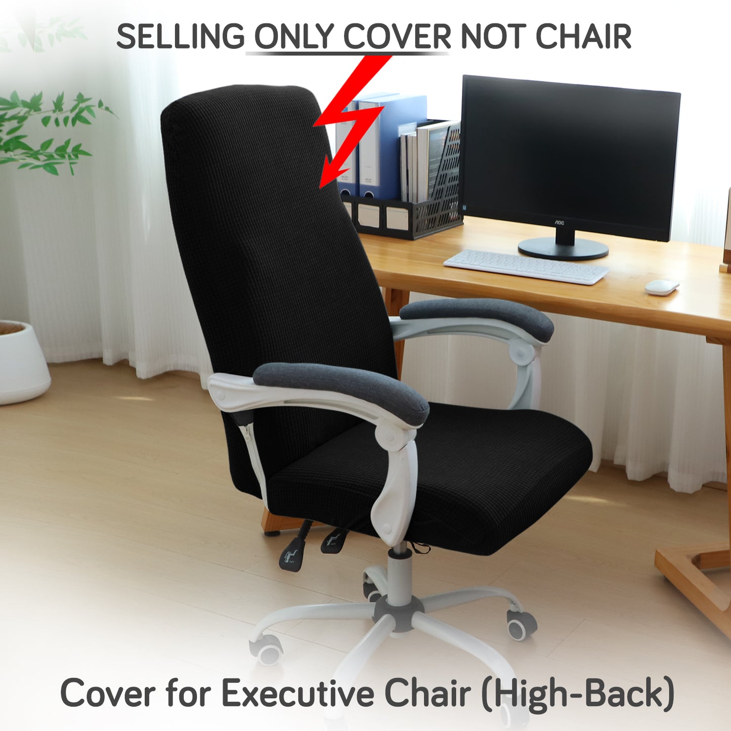 Water Repellent Office Chair Cover for Executive Chair (High-Back) – 210 GSM Stretchable Jacquard – Washable & Anti-Slip – Fits Big & Tall Office Chairs, Black