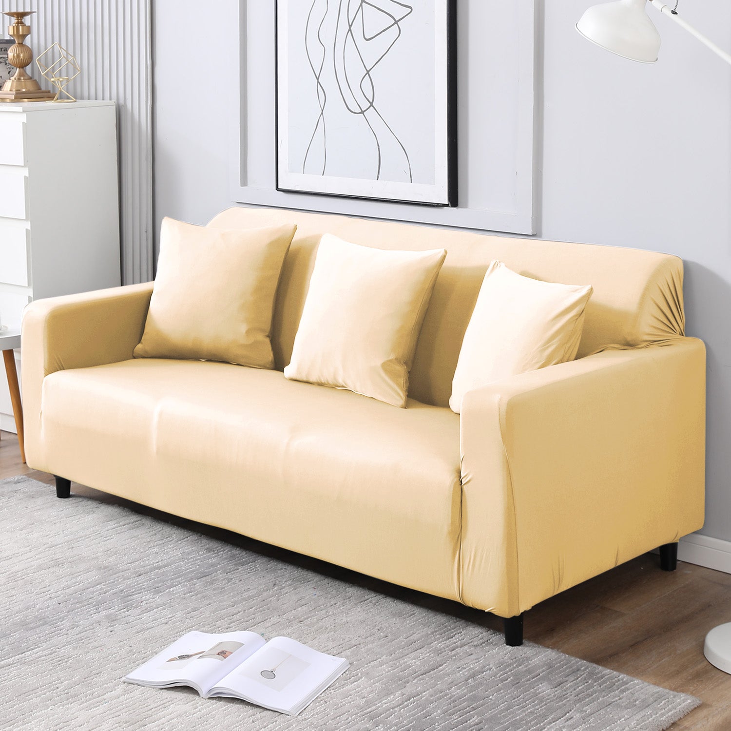 Plain beige non slip stretchable 3 seater sofa cover