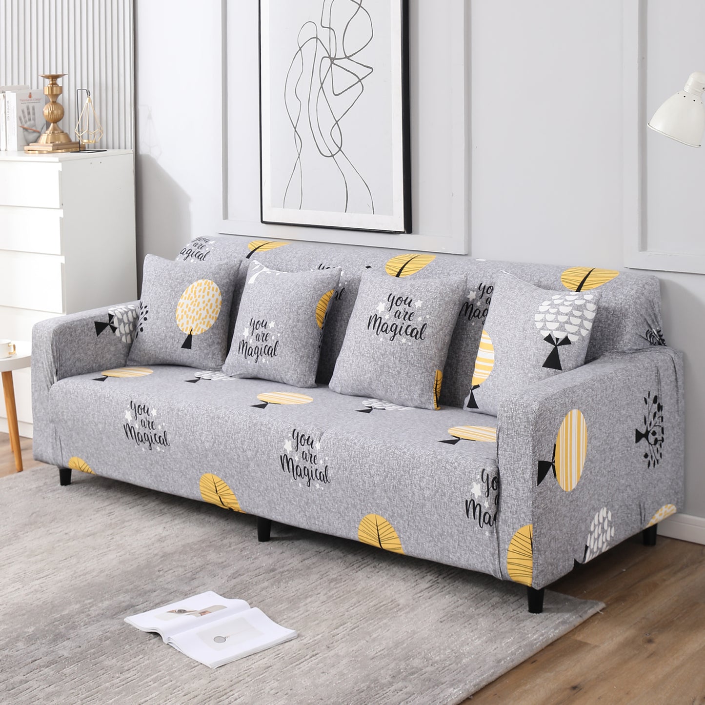 Grey Trees polyester, non slip, elastic 4 seater sofa covers