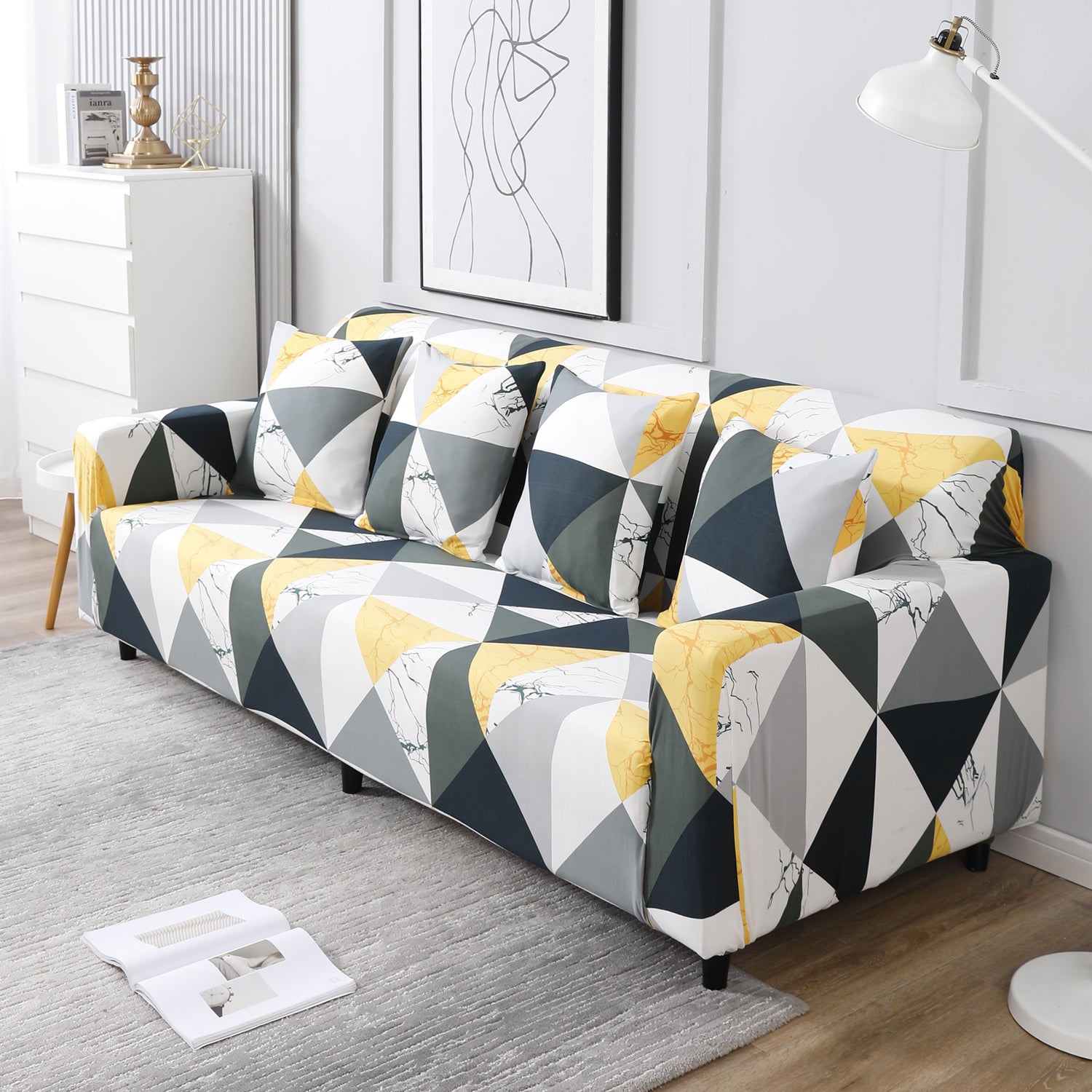 Geometric Multi, non slip, elastic 4 seater sofa covers