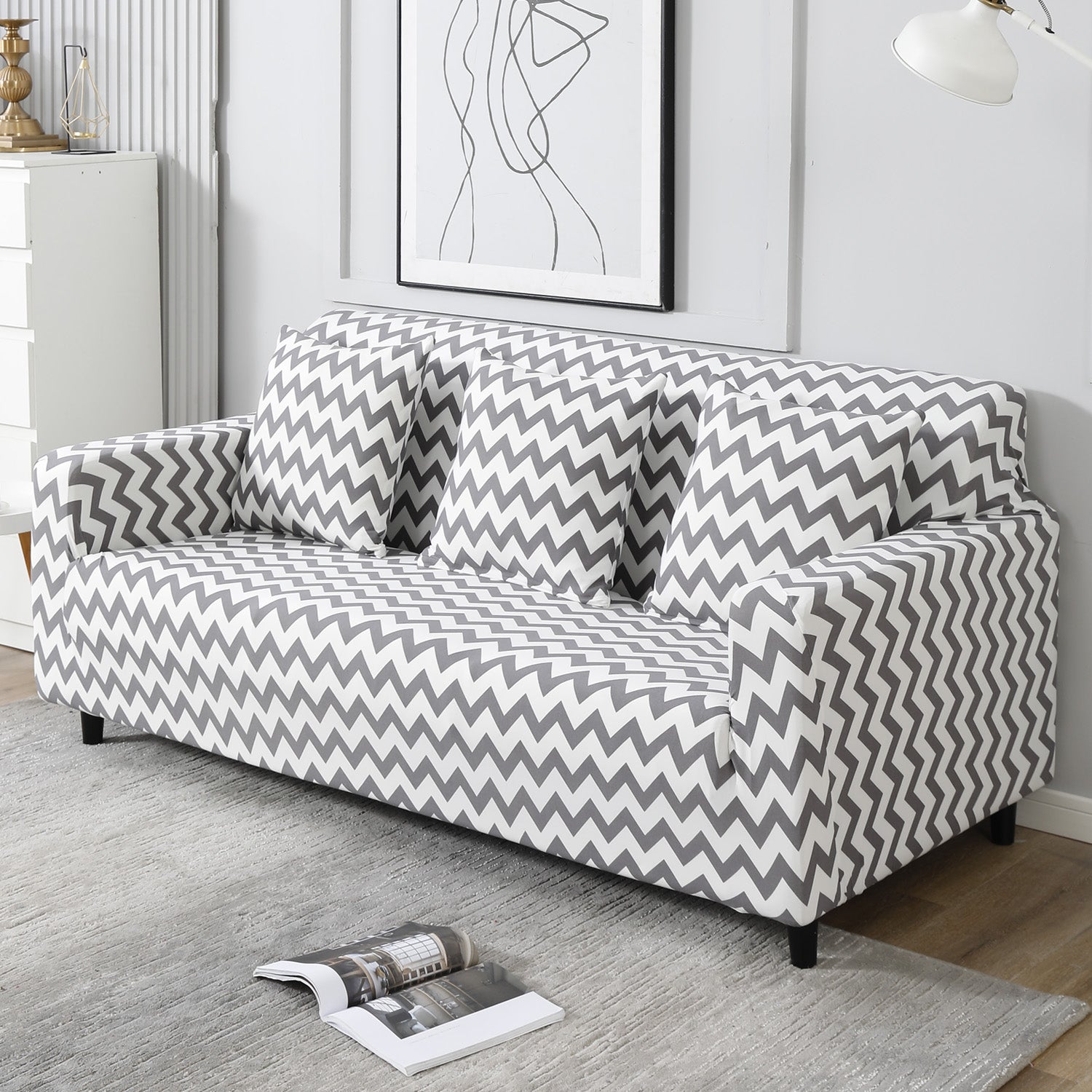 Grey Chevron non slip elastic 3 seater sofa cover