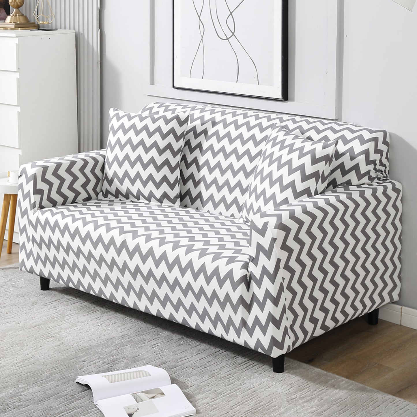 Grey Chevron stretchable two seater sofa cover