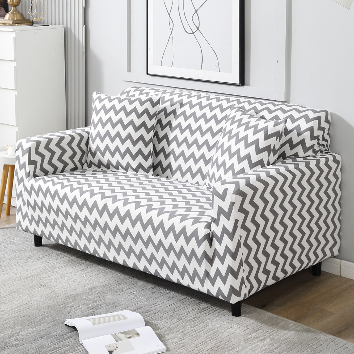 Grey Chevron stretchable two seater sofa cover