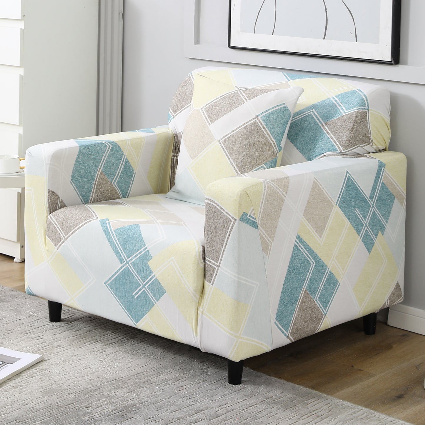 Pastel Diamond Printed non slip elastic 1 seater sofa cover