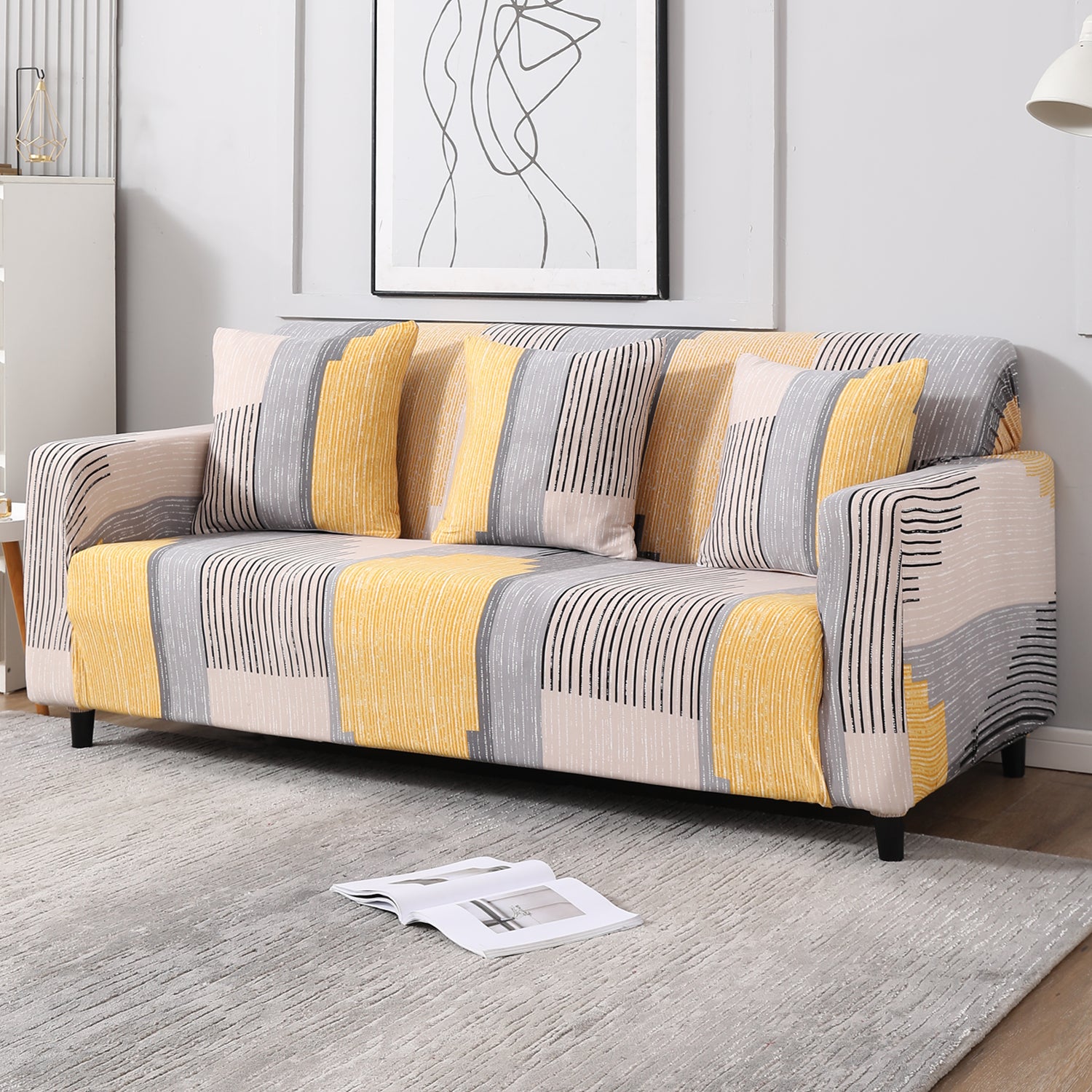 Multicolor Linear Lines modern elastic 3 seater sofa covers