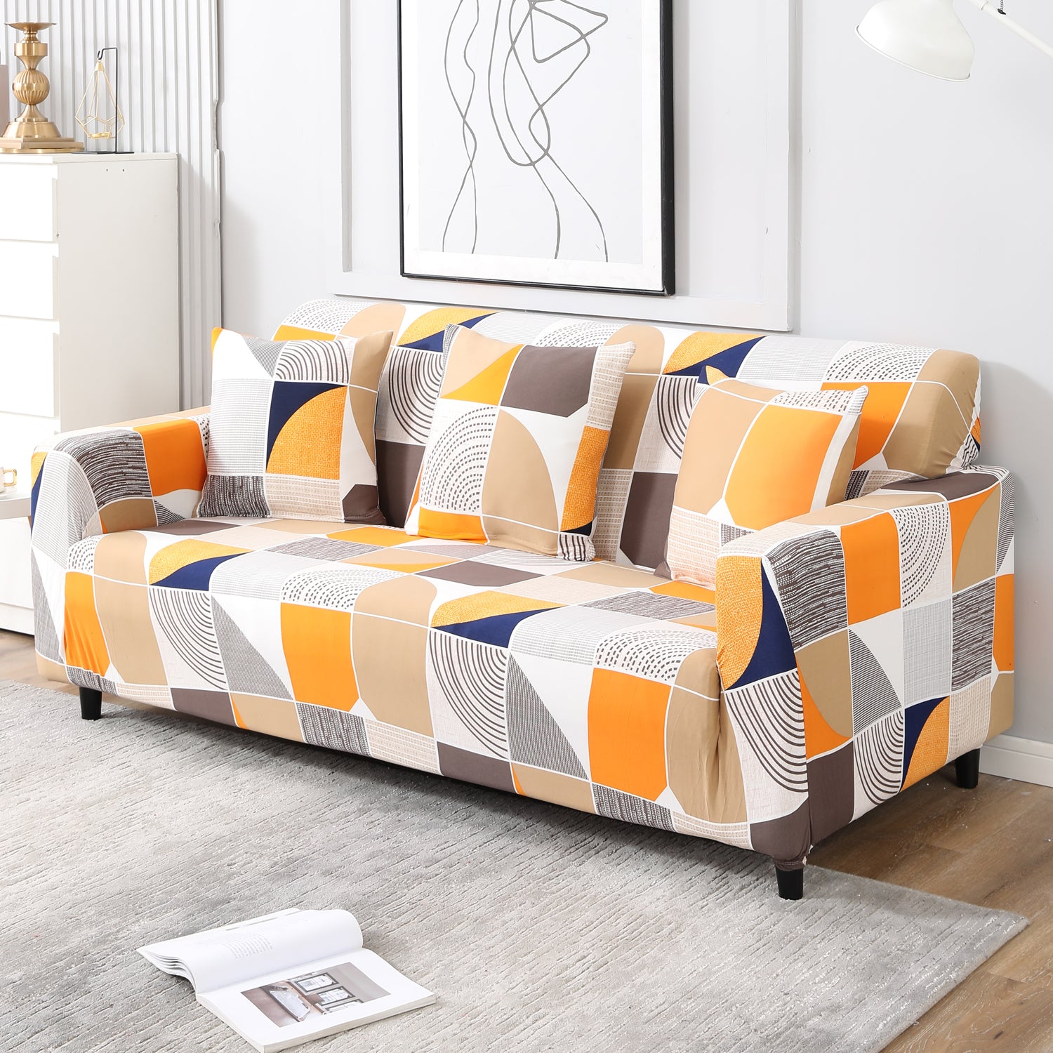 Square Abstract non slip elastic 3 seater sofa cover