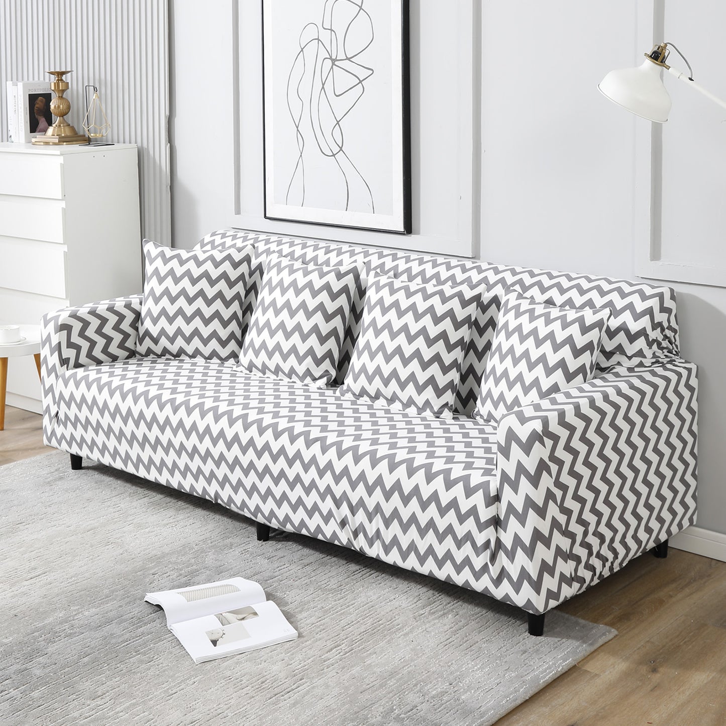 Grey Chevron, non slip, Stretchable 4 seater sofa covers