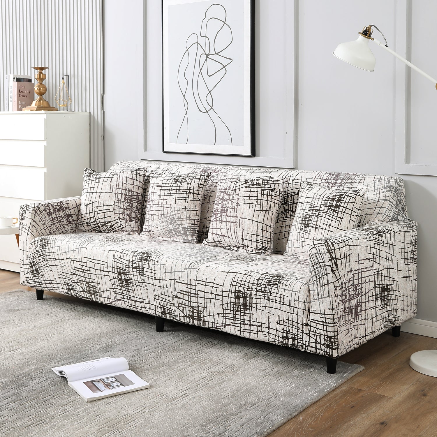 Beige Brown Lines, non slip, Stretchable 4 seater sofa covers