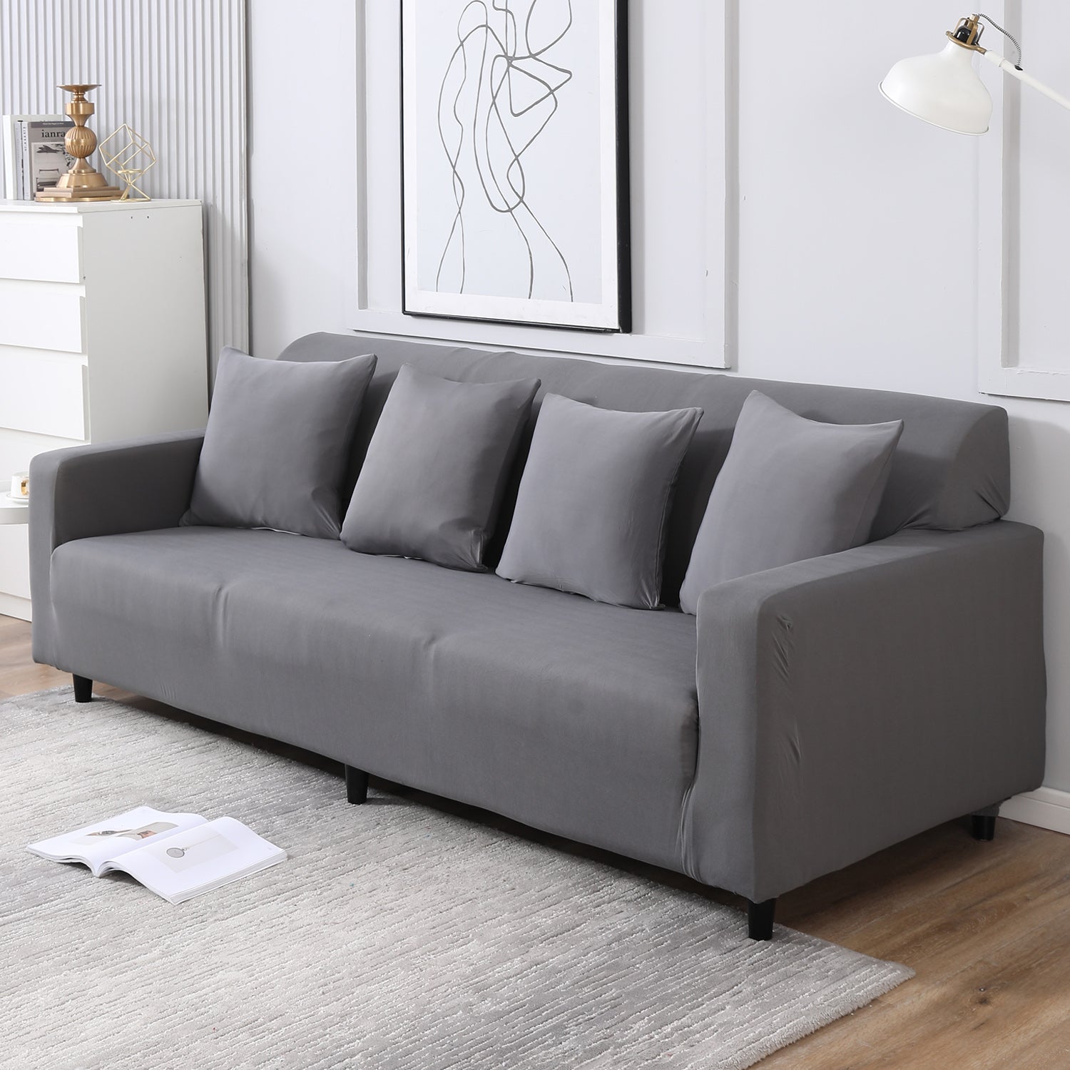 Plain grey colour non slip elastic 4 seater sofa cover