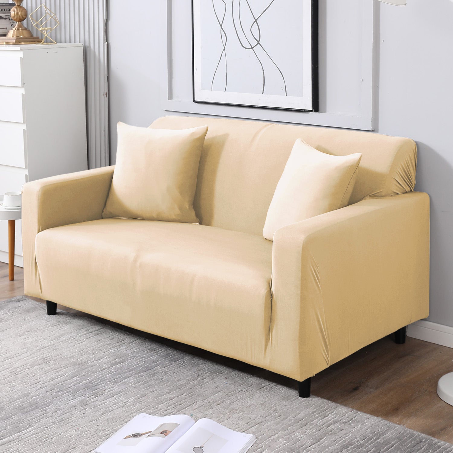 Plain beige non slip stretchable two seater sofa cover