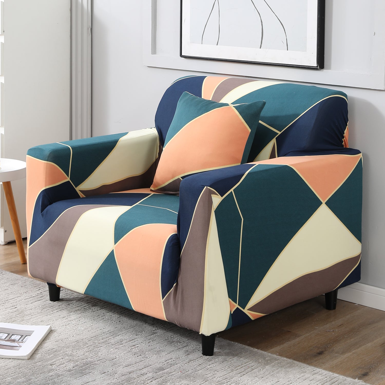 Green Peach Abstract non slip elastic 1 seater sofa cover