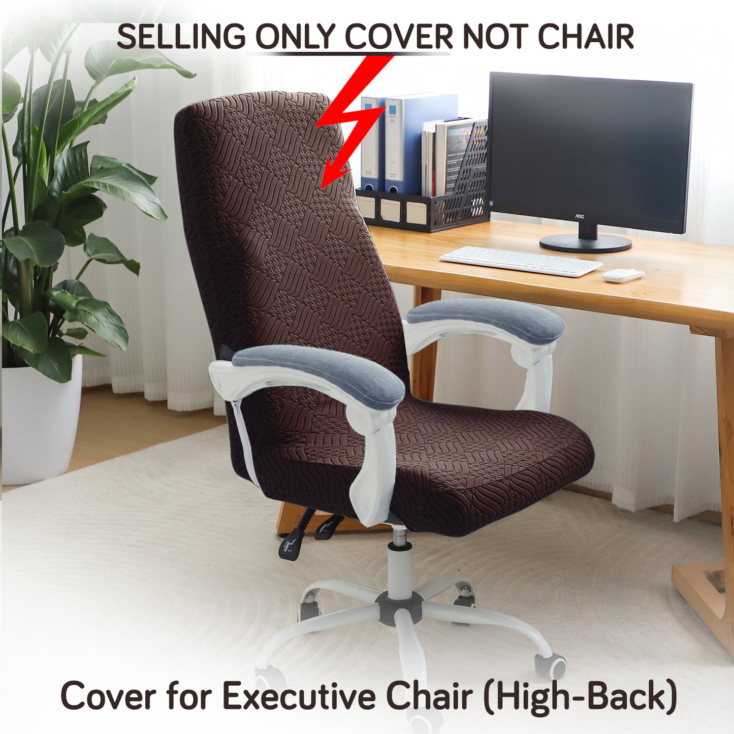 Office Chair Cover for Executive Chair (High-Back) – 170 GSM Stretchable Jacquard – Washable & Anti-Slip – Fits Big & Tall Office Chairs, Brown