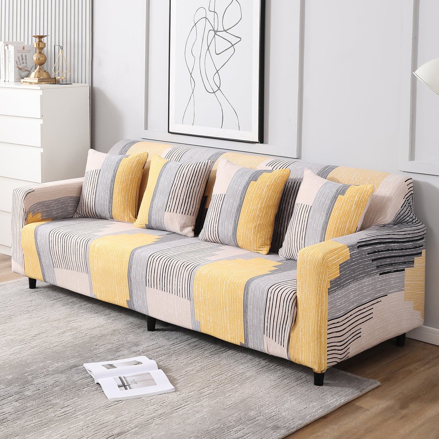 Multicolor Linear Lines Printed, non slip, modern, elastic 4 seater sofa covers