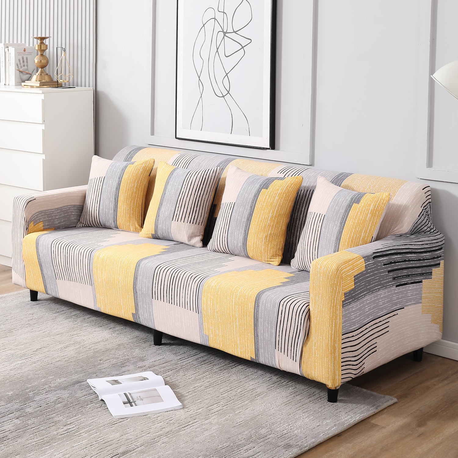 Multicolor Linear Lines Printed, non slip, modern, elastic 4 seater sofa covers