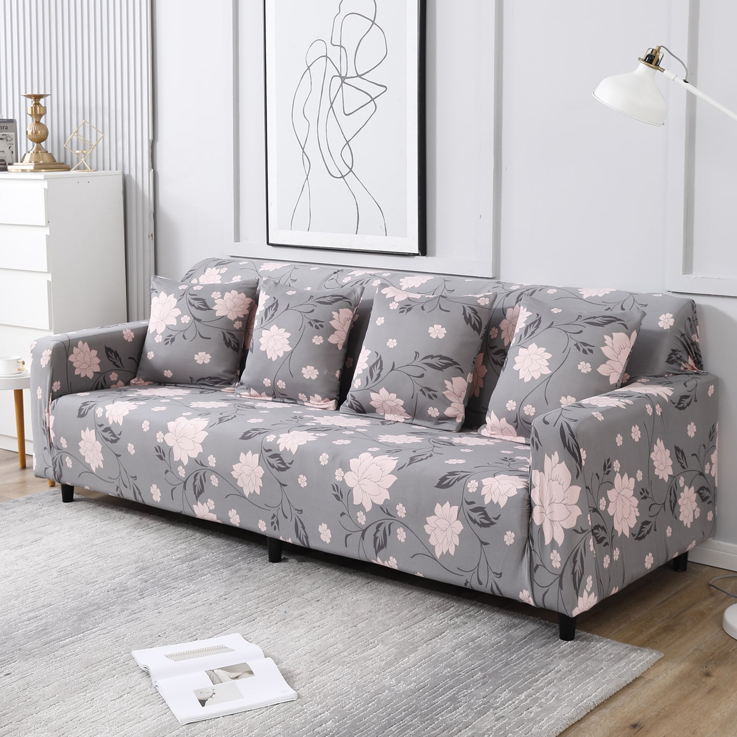 Grey Dahila, non slip, elastic 4 seater sofa covers