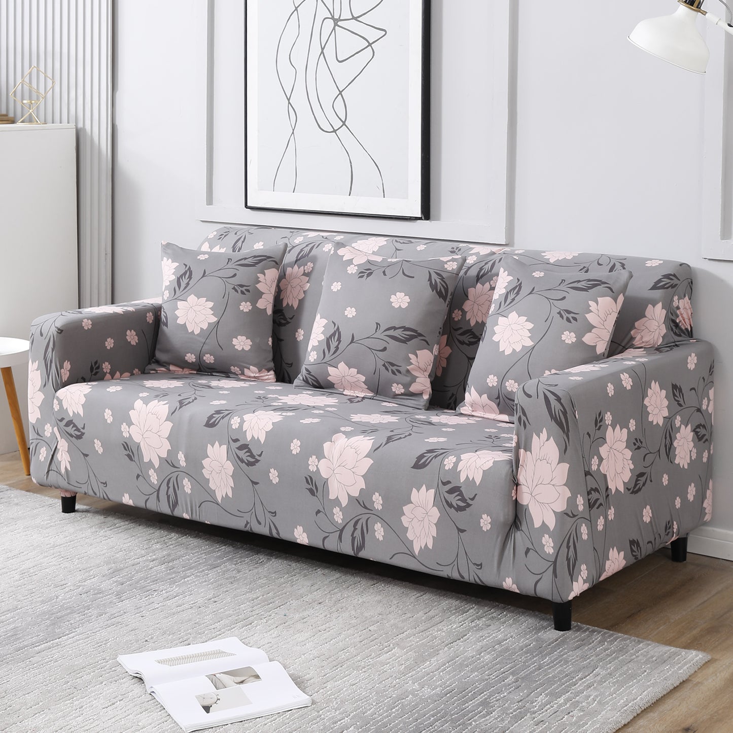 Grey Dahila non slip elastic 3 seater sofa cover