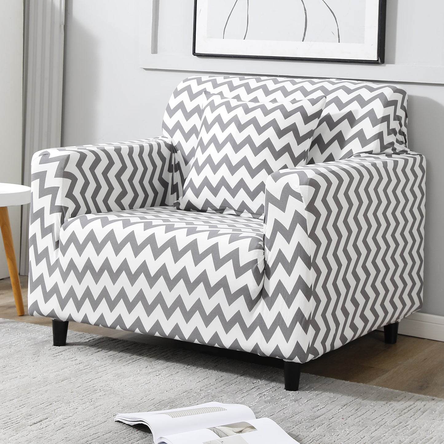Grey Chevron non slip elastic 1 seater sofa cover