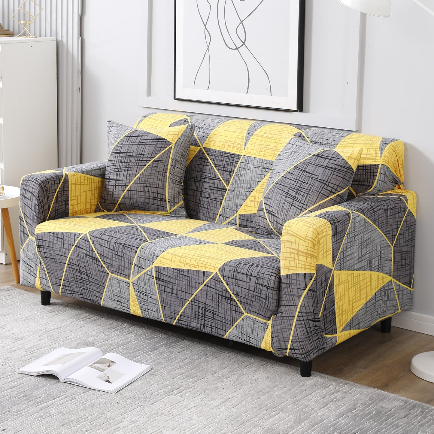 Abstract Grey polyester stretchable two seater sofa cover