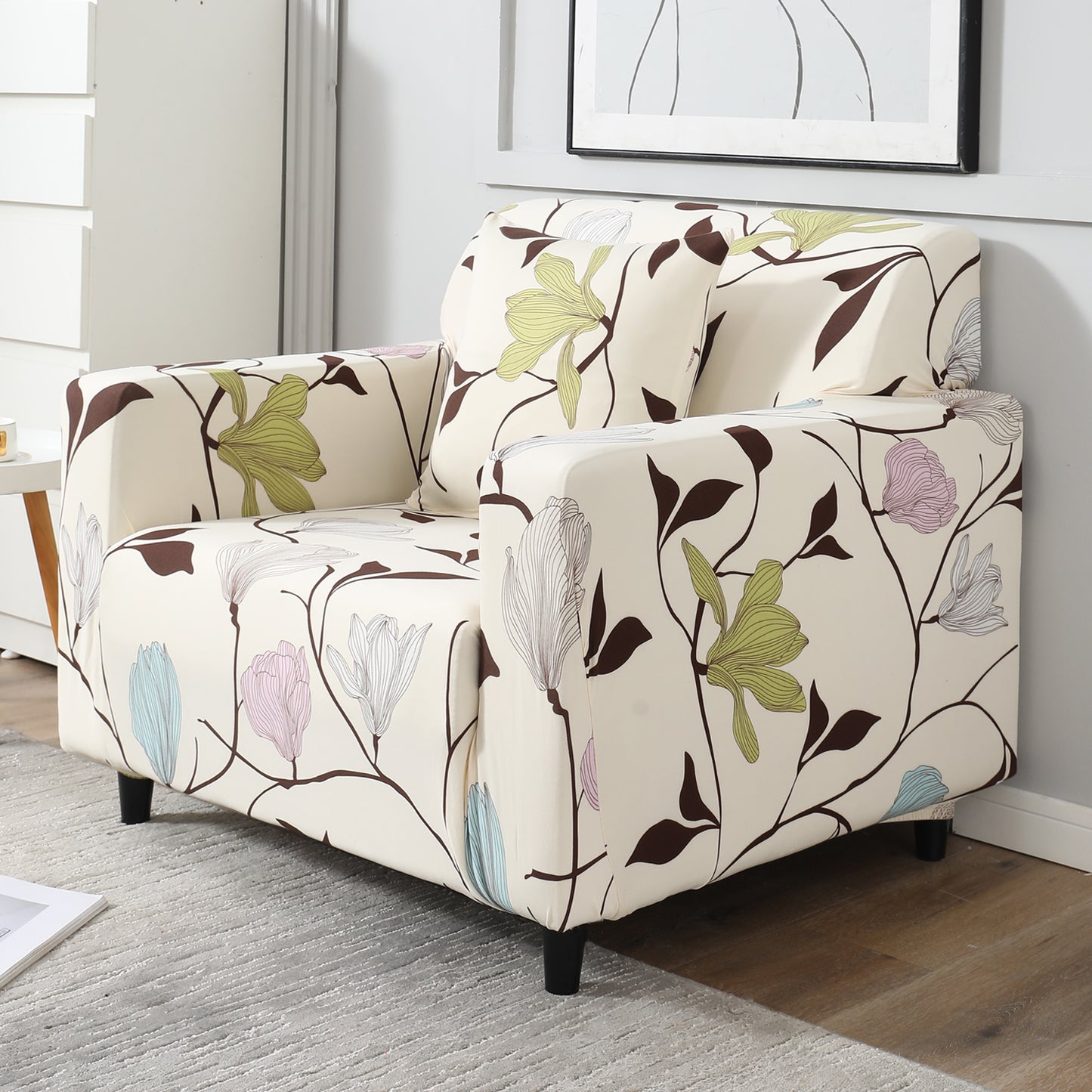 Beige Brown Leaves non slip elastic 1 seater sofa cover