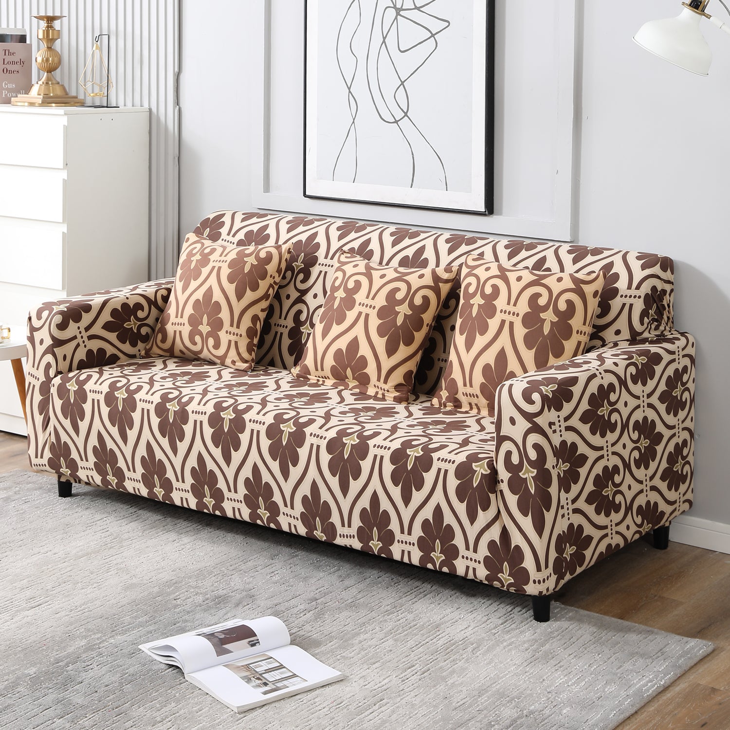 Beige Damask Printed non slip elastic 3 seater sofa cover