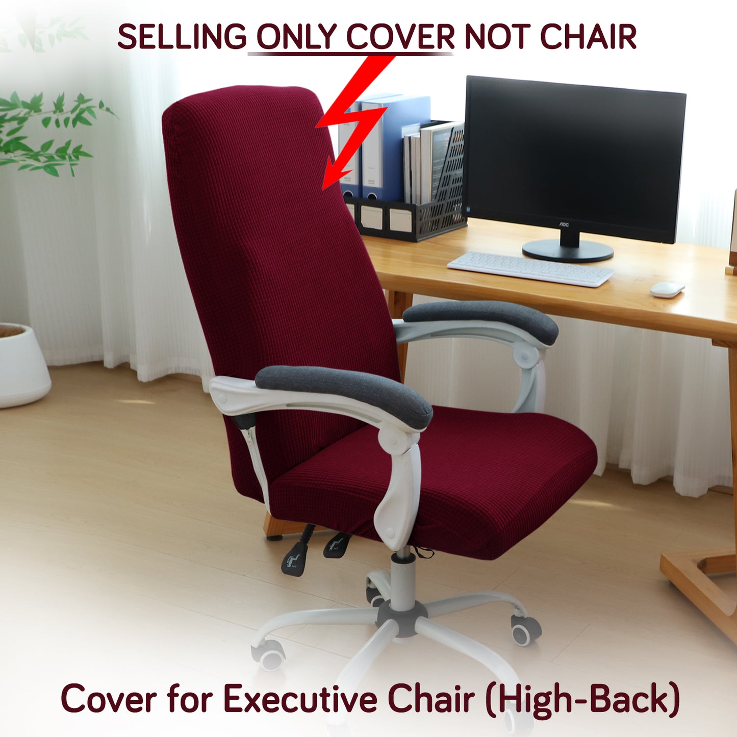 Water Repellent Office Chair Cover for Executive Chair (High-Back) – 210 GSM Stretchable Jacquard – Washable & Anti-Slip – Fits Big & Tall Office Chairs, Burgundy