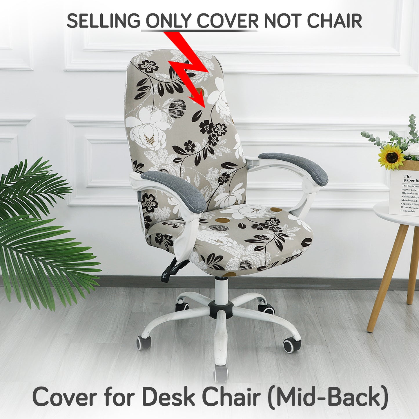 Printed Office Chair Cover for Desk Chair (Mid-Back) – 140 GSM Stretch Fabric – Washable, Durable & Anti-Slip – Fits Mid-Back Office Chairs, Feather Brown Floral - Medium