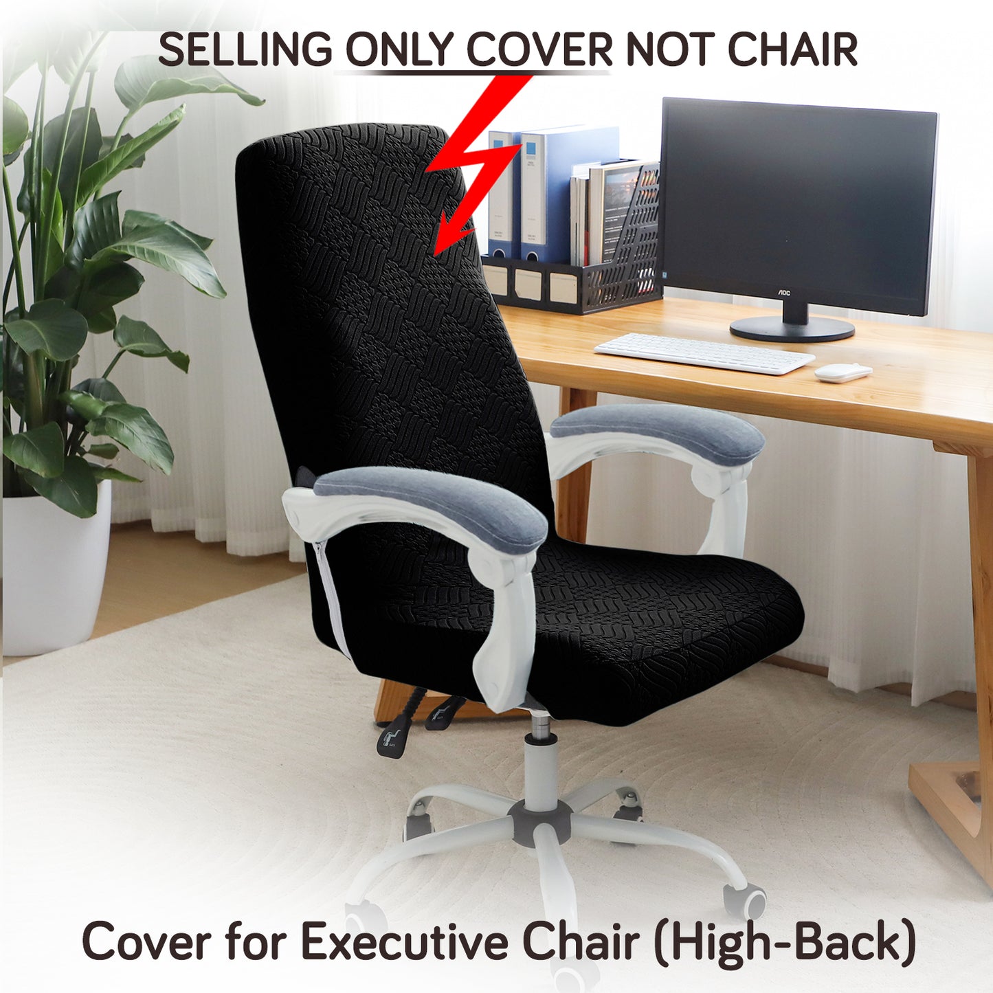 Office Chair Cover for Executive Chair (High-Back) – 170 GSM Stretchable Jacquard – Washable & Anti-Slip – Fits Big & Tall Office Chairs, Black