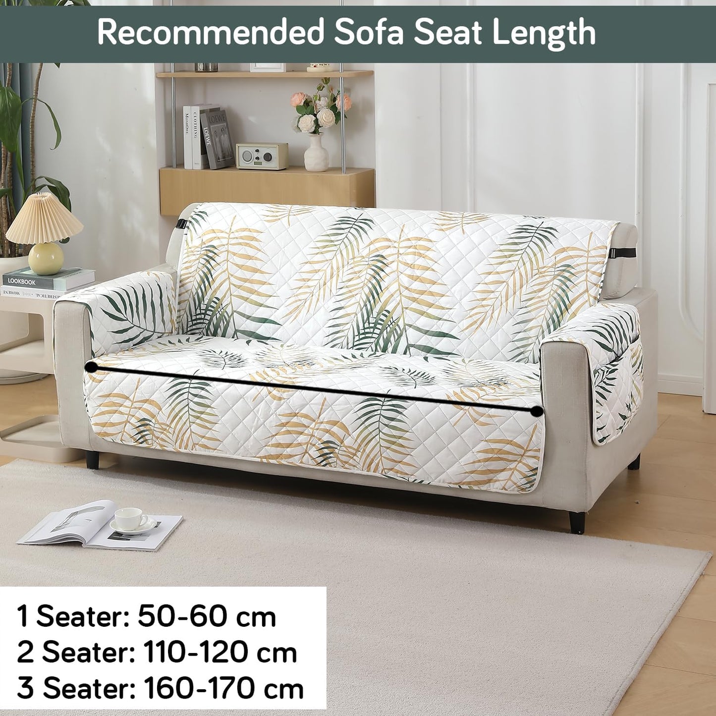 Quilted Waterproof Sofa Cover Mat with Pockets on Armrest Cover - Palm Leaves Forest Green