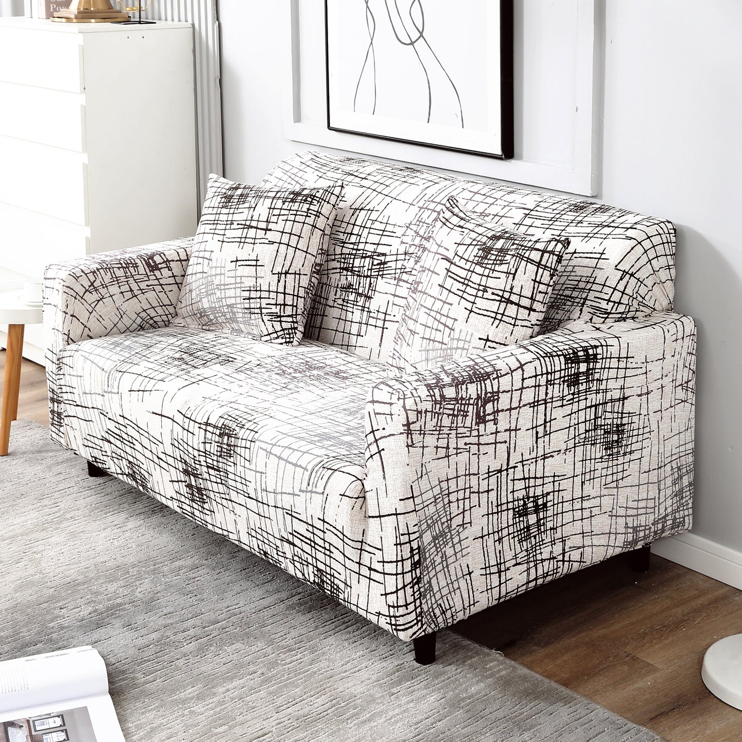 Beige Brown Lines non slip elastic 2 seater sofa cover