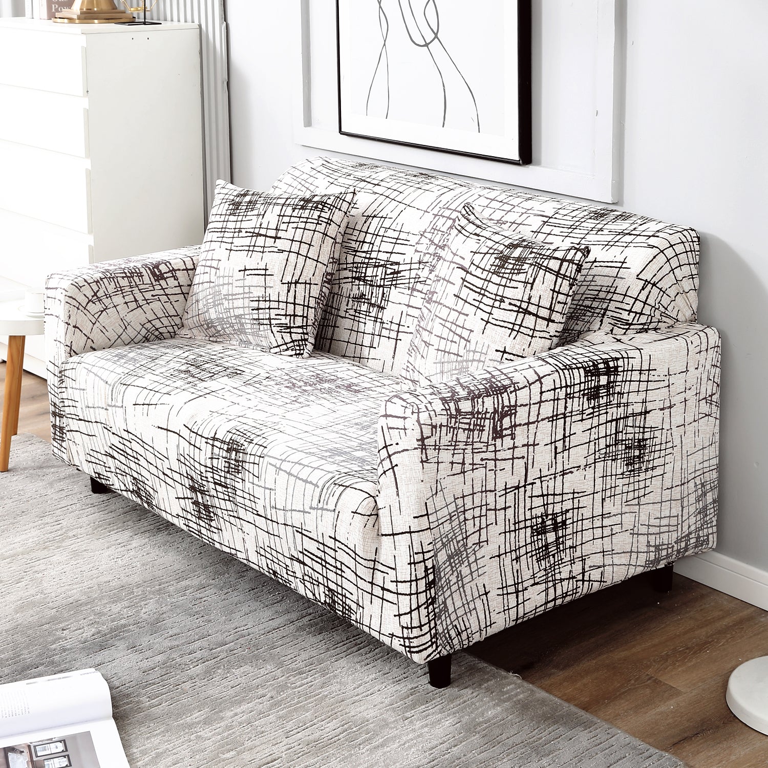 Beige Brown Lines non slip elastic 2 seater sofa cover