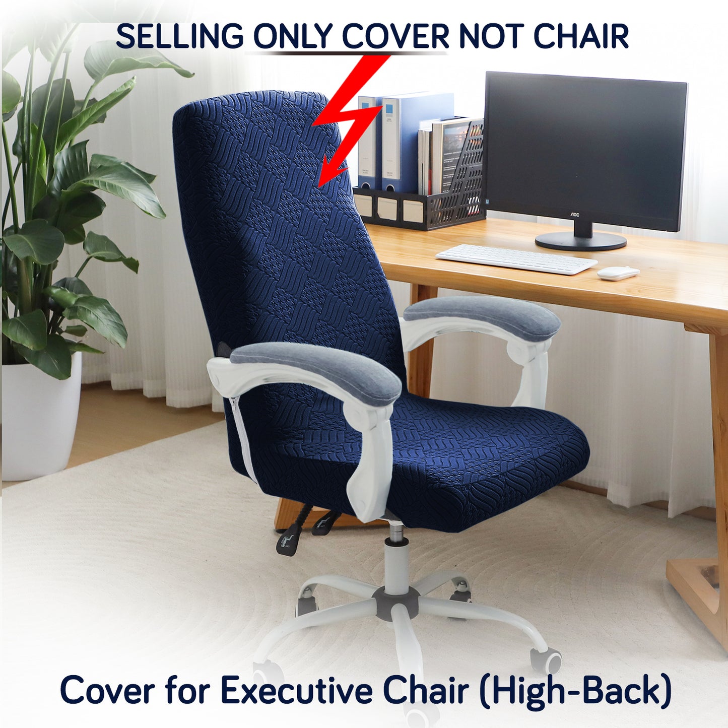 Office Chair Cover for Executive Chair (High-Back) – 170 GSM Stretchable Jacquard – Washable & Anti-Slip – Fits Big & Tall Office Chairs, Navy Blue