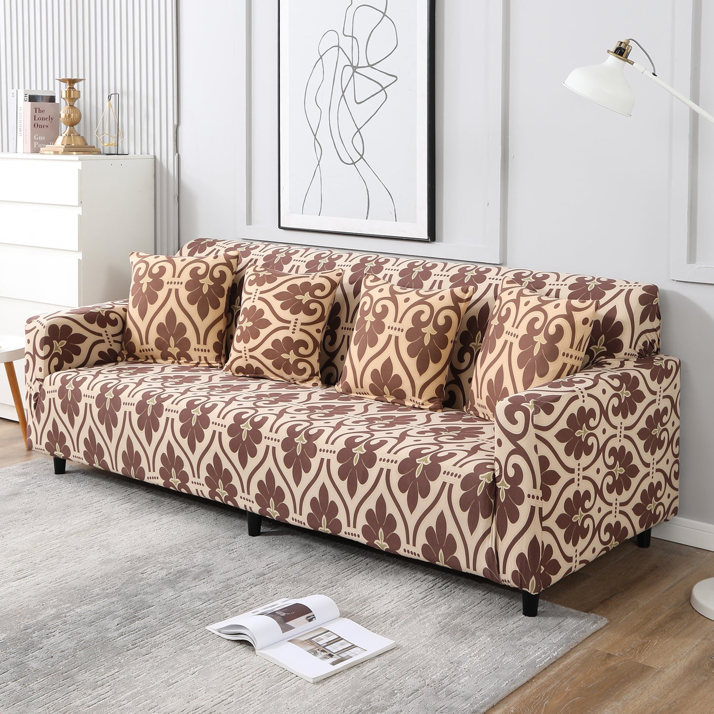 Beige Damask Printed, non slip, elastic 4 seater sofa covers