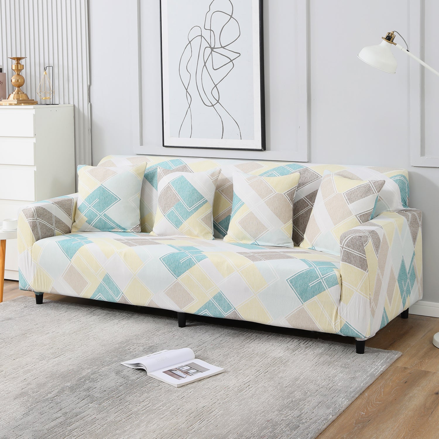 Pastel Diamond Printed, non slip, Stretchable 4 seater sofa covers