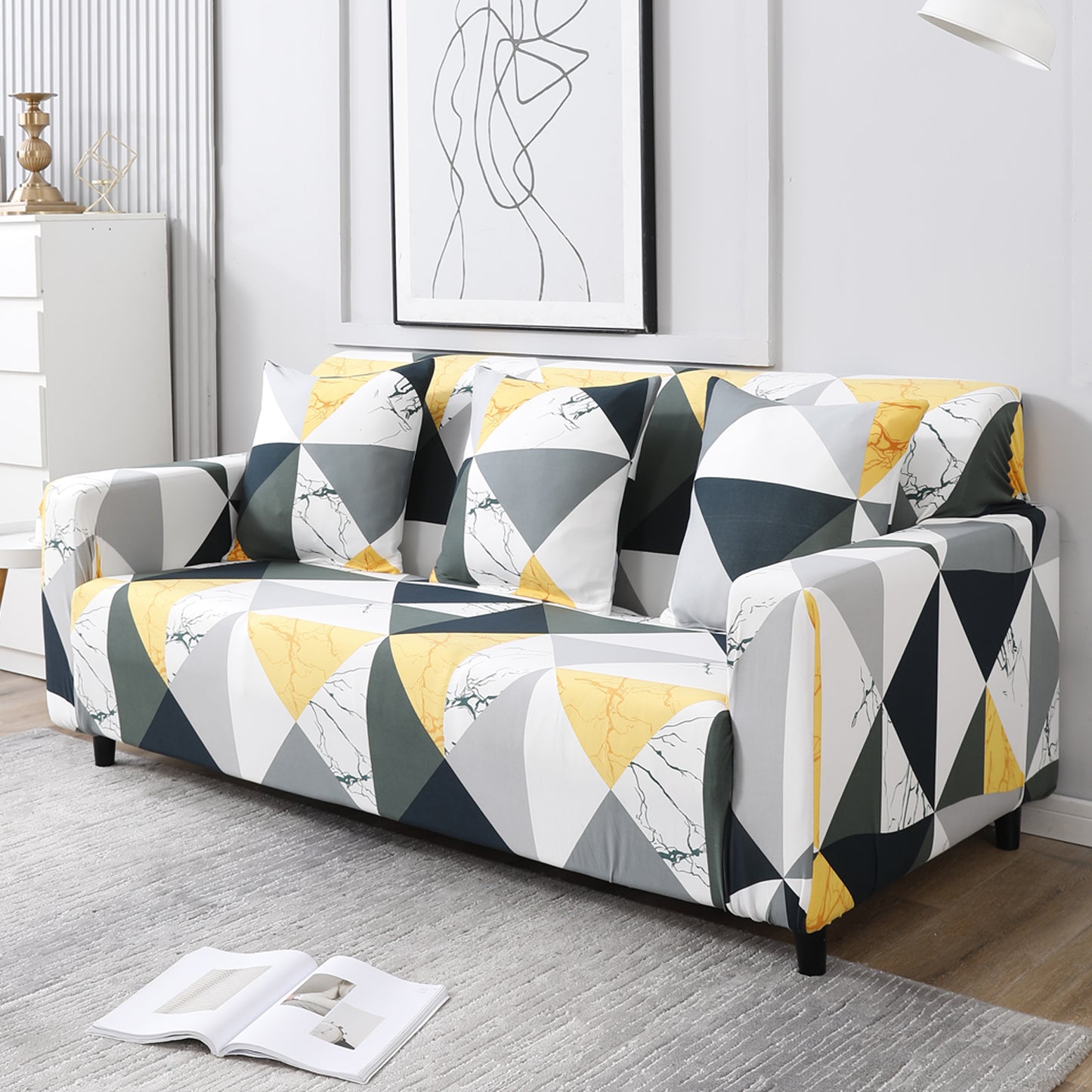 Geometric Multi non slip elastic 3 seater sofa cover