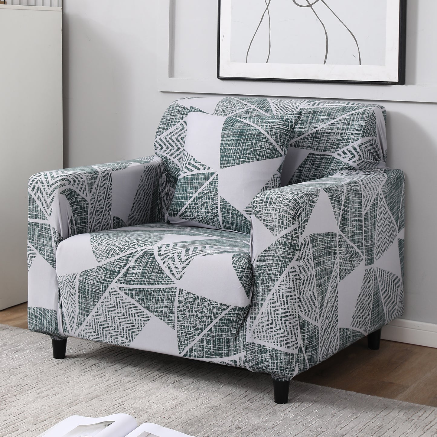Grey Geometric Abstract Print non slip elastic 1 seater sofa cover