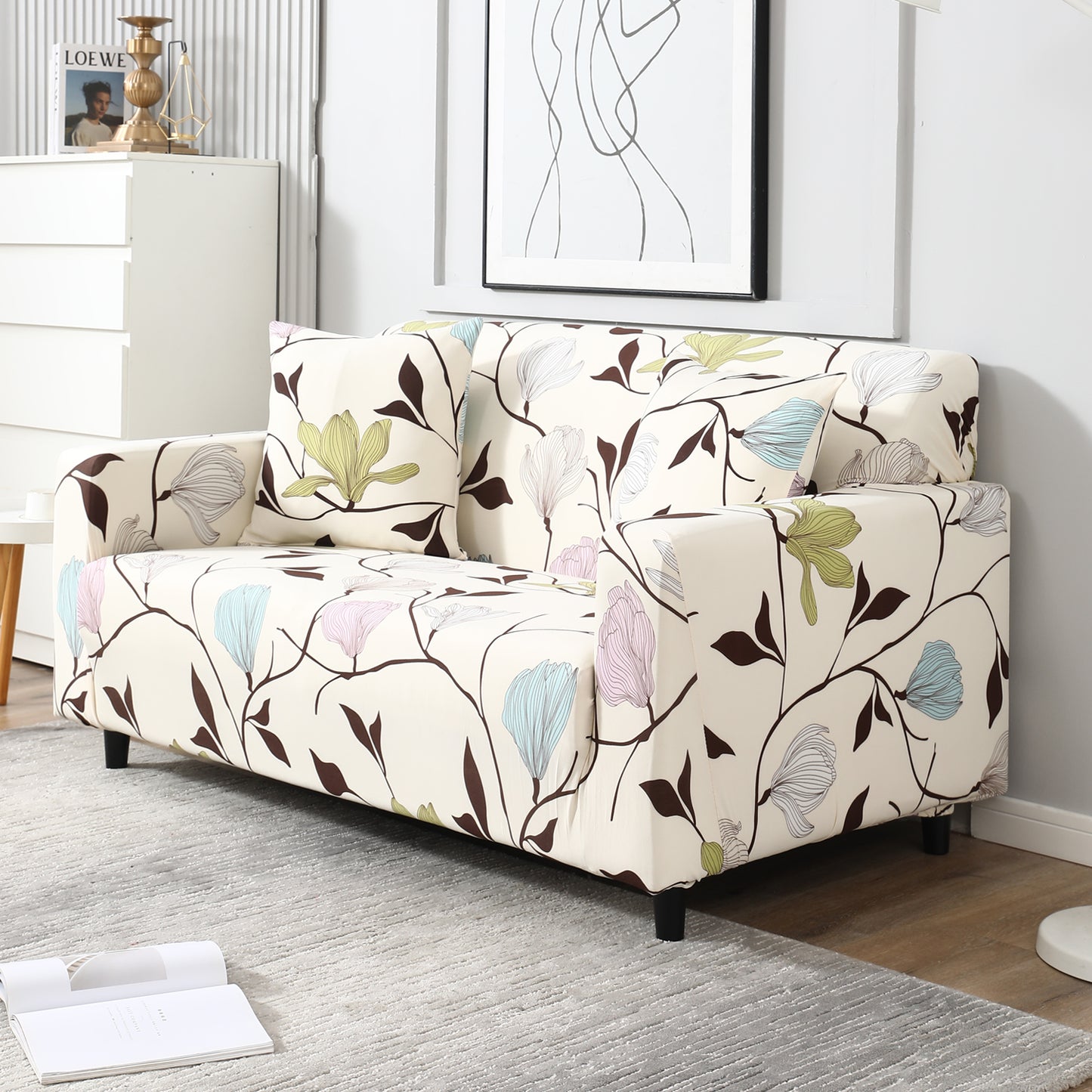 Beige Brown Leaves stretchable two seater sofa cover