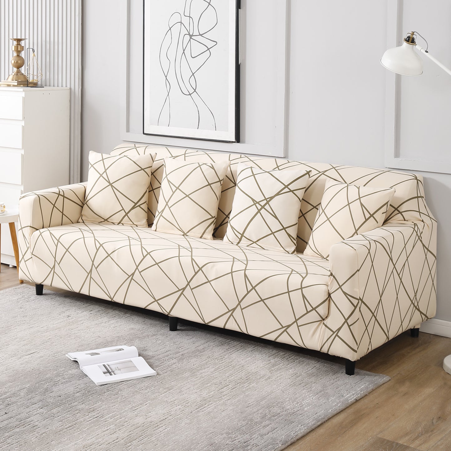 Beige Abstarct Lines Colour, non slip, Stretchable 4 seater sofa covers