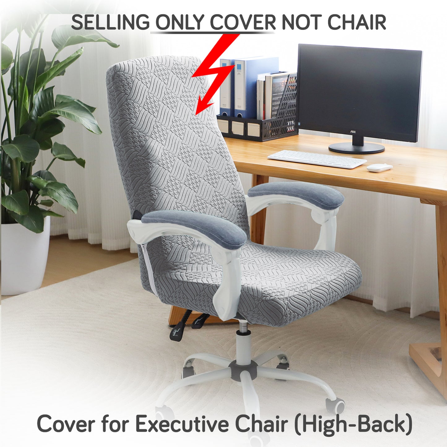 Office Chair Cover for Executive Chair (High-Back) – 170 GSM Stretchable Jacquard – Washable & Anti-Slip – Fits Big & Tall Office Chairs, Light Grey
